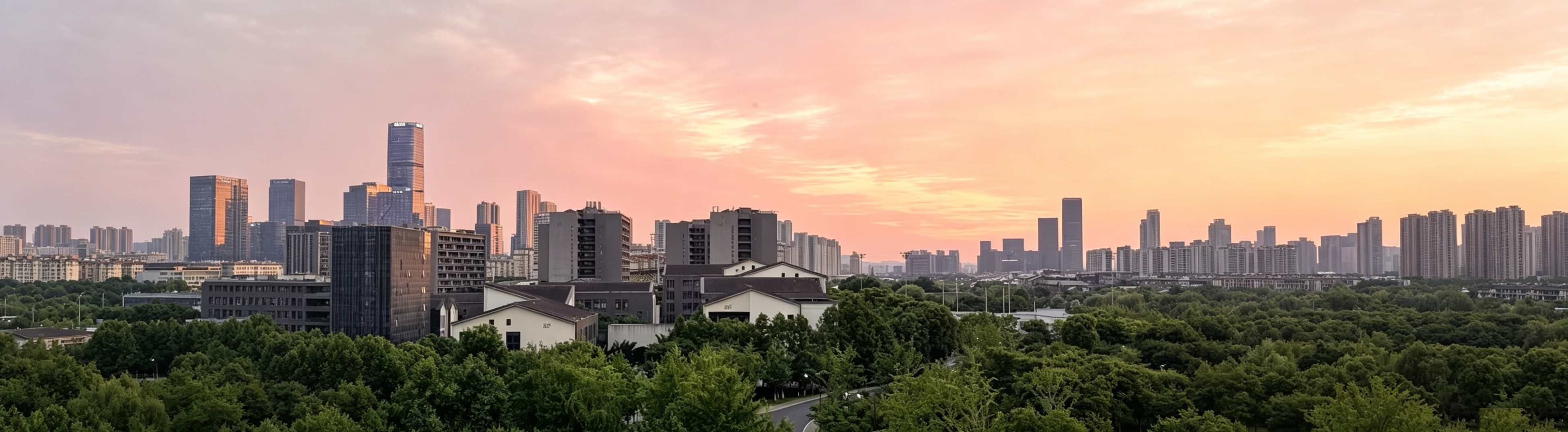 A panoramic city skyline at sunset with campus buildings and green landscape