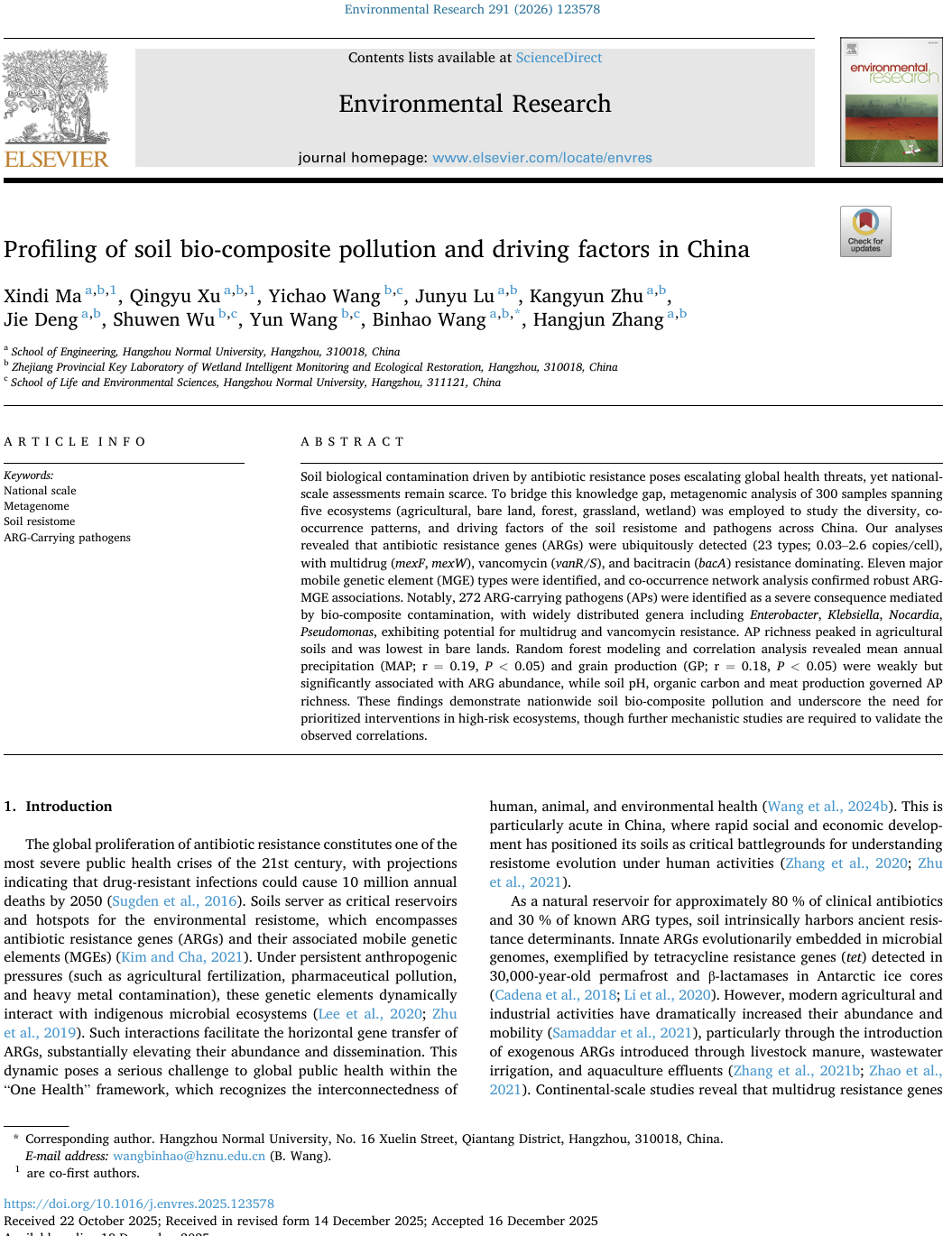 First page of the Environmental Research article on soil bio-composite pollution in China