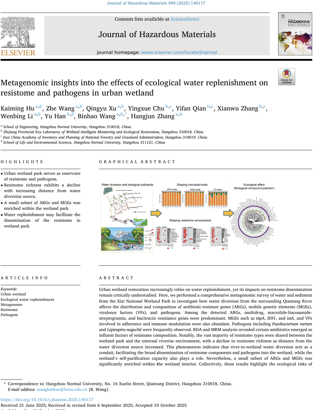 First page of the Journal of Hazardous Materials article on water replenishment, resistome, and pathogens in urban wetland