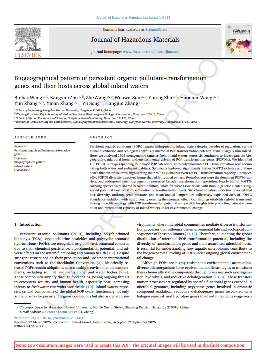 First page of the Journal of Hazardous Materials article on biogeographical patterns of persistent organic pollutant-transformation genes across global inland waters