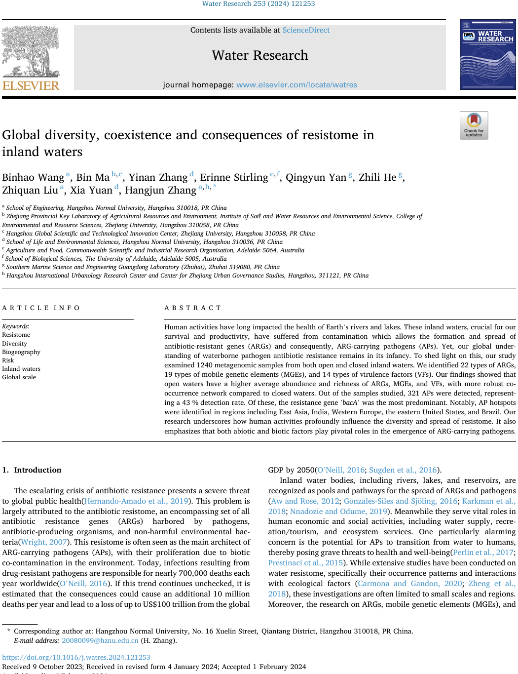 First page of the Water Research article on resistome in inland waters